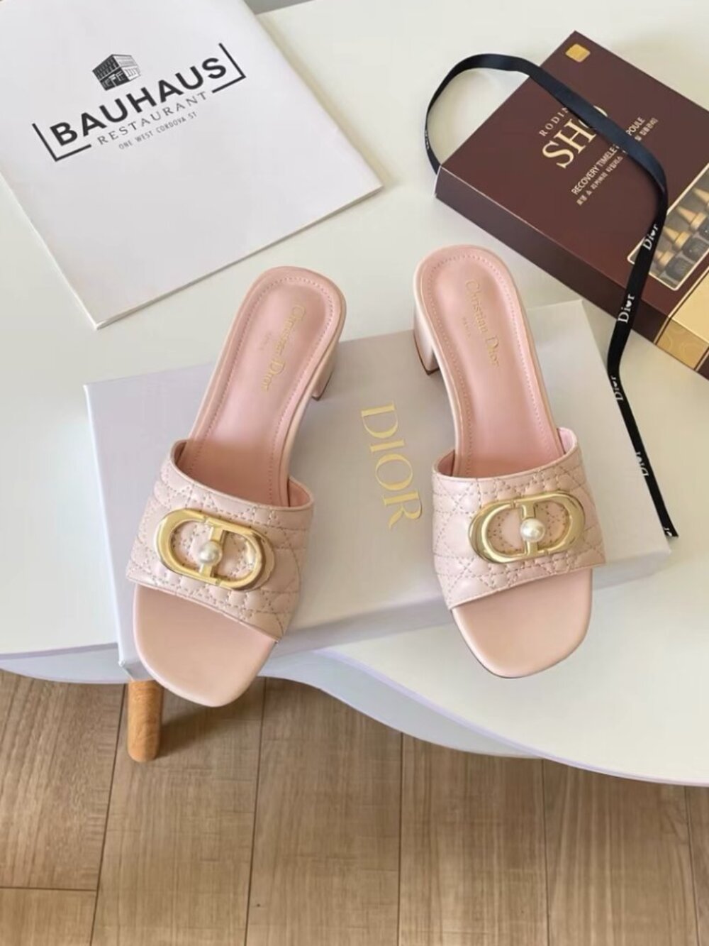 Dior Pearl Buckle Pink Quilted Block Heel Slides